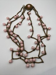 Vintage Multi 3 Strand Pink Beaded Necklace Antique Gold Tone Etched Bar Link