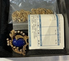 Vintage “Erwin Pearl” Signed Blue Lapis Brooch Pin 30” Erwin Goldtone Necklace