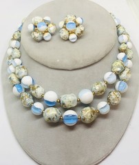 VTG 2-STRAND PASTEL BLUE/WHITE/GOLD NECKLACE-EARRING SET-W/EXTENDER-CLIP-ONS