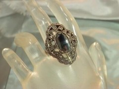 Vintage 40’s Queenly Sterling Signed Jet Marcasite 925 Size 7.75 Ring 595o2