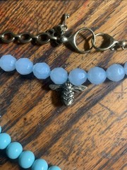 FOSSIL 3 Strand 24” Necklace Rhinestone Turquoise Blue Beads MOP BUTTERFLY & BEE