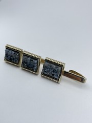 Cufflinks and Tie Clip Set concave glass rectangle gold tone