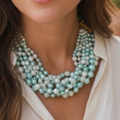 Vintage Japan 6 Strand Aqua Seafoam Glass & Acrylic Bead Necklace Statement Bib