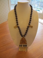 KENNETH LANE Necklace~Vintage GT BIG MAYAN pendant + Wooden Beads~Signed~FREE H