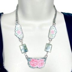 Hand Crafted Antique Roses Broken Lynns Bone China Necklace With Prehnite Stones
