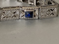 Antique Art Deco 14k White Gold Filigree Bracelet Diamond Sapphire 7 3/8” 6.5grs