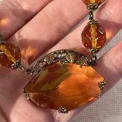 Vintage Czech Large Topaz Amber Faceted Crystal Bead Necklace Clip Earrings Set