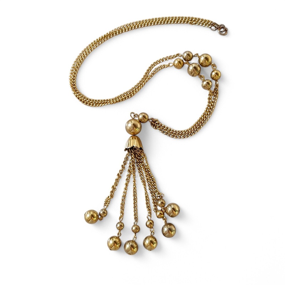 VTG Ball & Tassel Dainty Simple Everyday Gold Tone Understated Necklace 19″