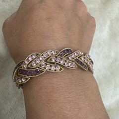 Vintage Crown Trifari Gold tone Pink Purple Rhinestone Bracelet 7” Signed