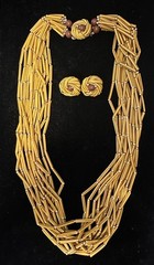 1960s Multiple Strand Yellow Brown Plastic Necklace Matching Clip On Earrings