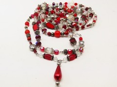 Vintage Necklace Red Clear AB Beaded Crystal Glass Faceted D5381