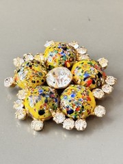 Vintage Verified JULIANA Millefiori Brooch & Earring Set, Yellow Harlequin Multi