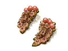 MCM PINK CLUSTER FLOWER RHINESTONE FAUX PEARL SEED BEAD CLIMBER CLIP ON EARRINGS