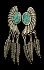 VTG Pewter, Signed Ege Conch W/dangling Feathers Turquoise Inset Stud Earrings