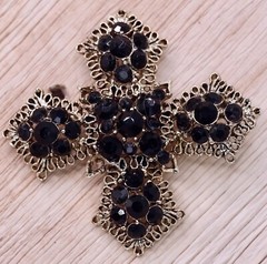 Unsigned Lisner Maltese Cross Brooch Pin Jet Rhinestone Antiqued Gold Tone