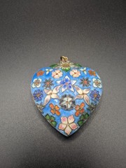 Vintage Puffy Cloisonne Enamel Floral Heart Pendant Double Sided Gold Tone