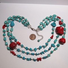 Blue Turquoise Red Coral Nugget 3 Strand Adjustable Length Western Necklace