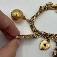Vtg Monet Link Gold Tone Charm Bracelet Grand Piano Heart Wishing Well Tree ETC