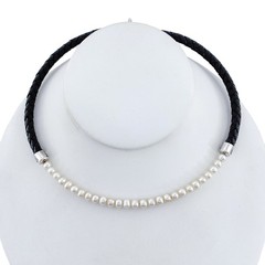 Vintage Sterling Silver 925 Black Braided Leather Pearl Necklace 16.5″