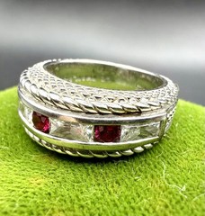 Vtg Judith Ripka Sterling Silver Channel Set Lab Ruby & CZ Ring Sz 5.75