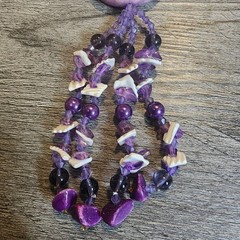 Vintage Necklace Purple Stone Seashell Rock Crystal Quartz Bead Tassel 20″ Shell