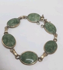 Vintage Green Jade Bracelet 12k Gold Filled GF Oval Link Chain 8″