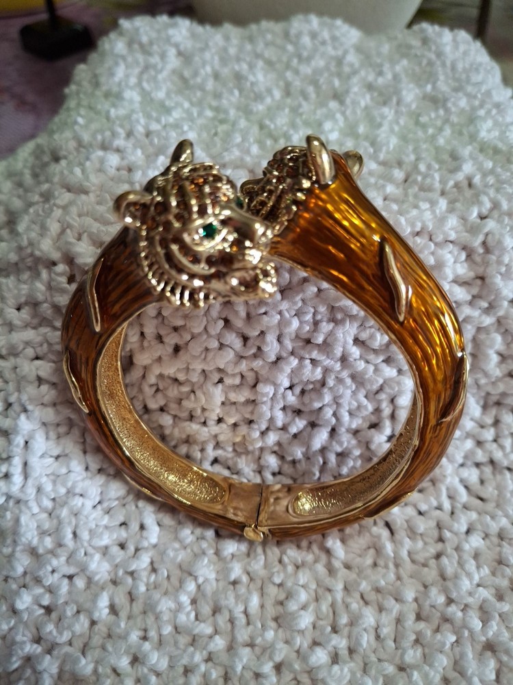 Vtg Thailand Tiger Head Twin Double Rhinestone and Enamel Clamp Bangle Bracelet
