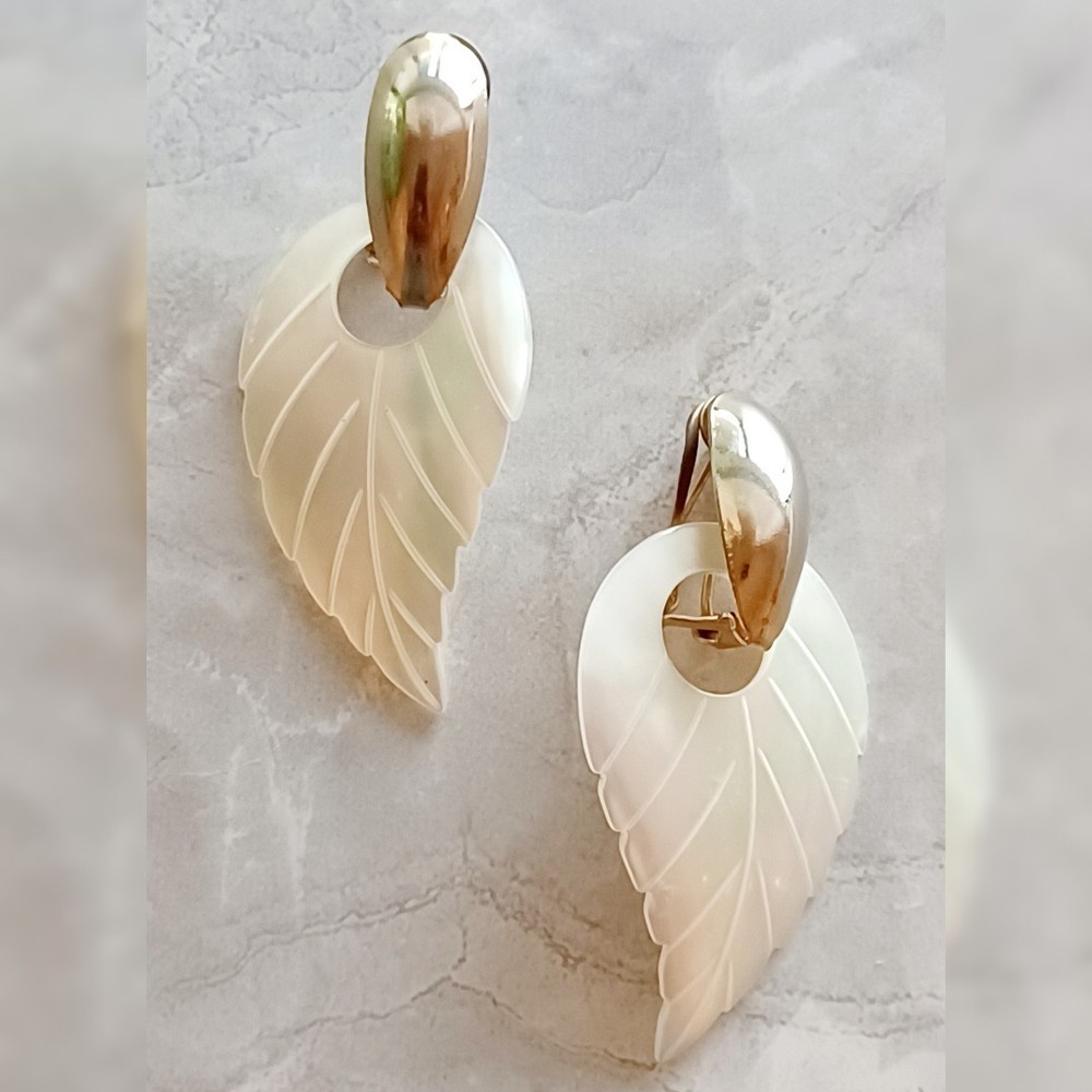 Vintage Midcentury Gold & White Mother Of Pearl Carved Leaf Omega Clip Earrings