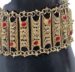 Vintage Italian 800 Silver Gold Plated Filigree Panel Bracelet 7.25″ Red Enamel