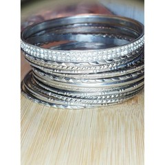 Vintage Silver Tone Bangle Bracelet Lot 20 Stackable Rhinestone Textured Bangles