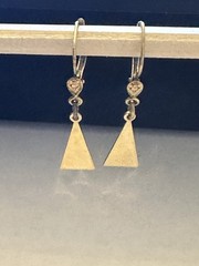 VTG Rolled Gold Dangle Triangle Leverback Earrings-Dainty Floral Accent-Pierced
