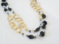 New Sterling Silver 925 Gold Over Black Stone Chunky Statement Necklace 36″