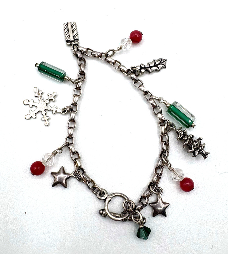 Christmas Holiday Bracelet 12 Charms 7” Length Sterling Silver Marked