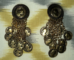 Vintage Signed BLANCA Runway Clip Long Drop Gold Tone Round Faux Coins Etruscan