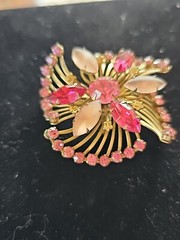 Vintage Prong Set Rhinestone Brooch Pin Pink Opalescent Cabochon Layered