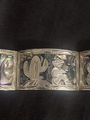 Vtg Mexican 925 Sterling Silver Abalone Storyteller Panel Bracelet 7″ Heavy 42G