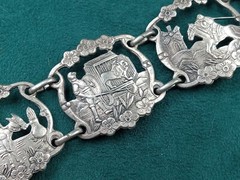 Ornate old Silver color Bracelet w. Don Quixote Adventure Diorama Scenes