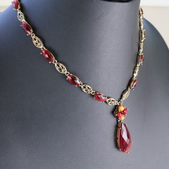 Vintage Gold Tone Red Crystal Filigree Pendant Necklace 18 Inch Adjustable
