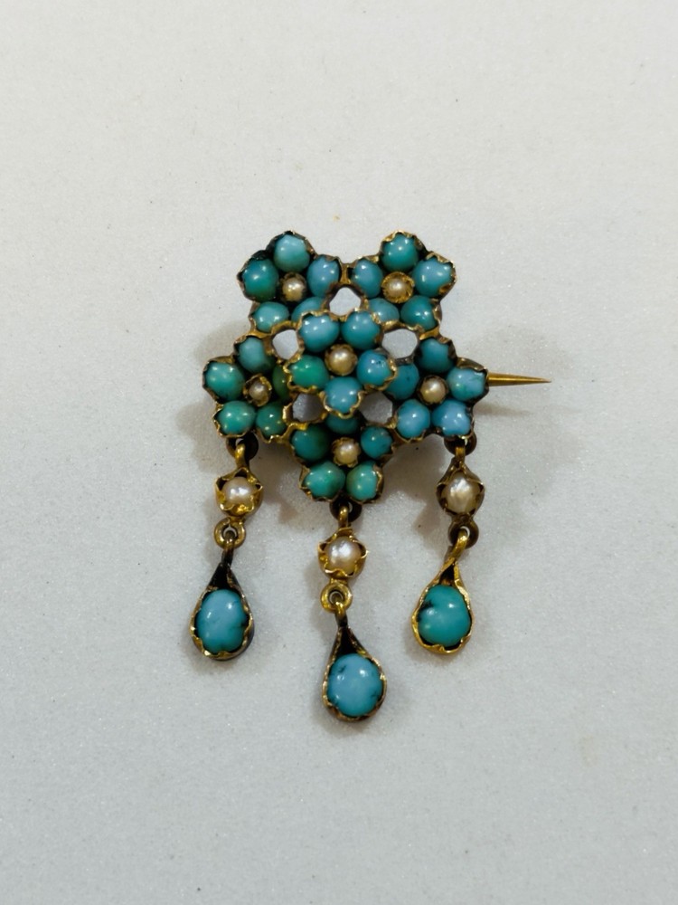 Antique Victorian 14k Gold Turquoise Seed Pearl Brooch 1 1/8”