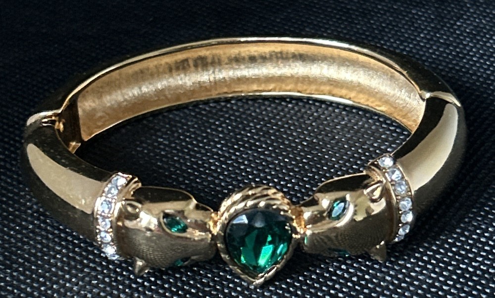 Jackie Collins Goldtone Panther Hinged Bangle Bracelet w/ Bezel Set Rhinestones