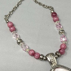 Pink Dichroic Glass Pendant Necklace Silver Tone Chain Acrylic Beads Collar 18″