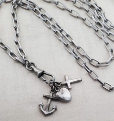 Antique Victorian Love Faith Hope Fob Charm Watch Chain 33″ Necklace Dog Clip