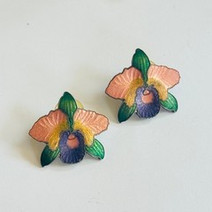 VTG Cloisonne Orchid flower earrings enamel chunky pierced Secret Garden Chic