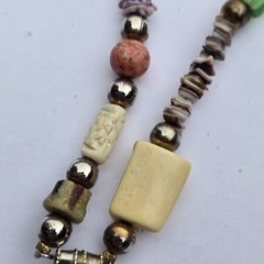 Vintage Boho Beaded Necklace Painted Glass Carved Wood Shell Metal Beads