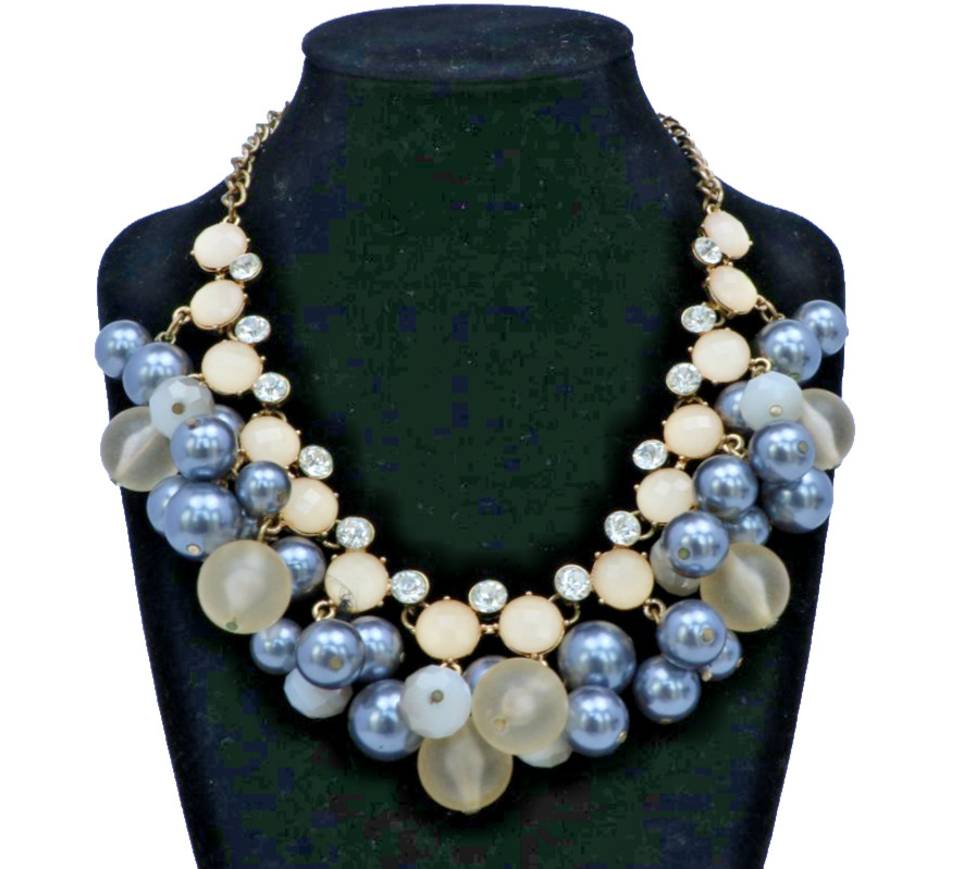 Faux Pearl Rhinestone Statement Necklace Gray Cream Gold Tone Cluster Bib