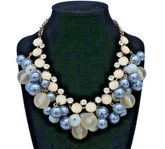 Faux Pearl Rhinestone Statement Necklace Gray Cream Gold Tone Cluster Bib