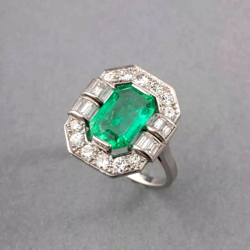 3.00Ct Art Deco Style Lab-Created Emerald Halo Gift Ring 925 Silver Engagement