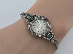 Important Deco Black, Starr & Frost Platinum Diamond Emerald Bracelet Wristwatch