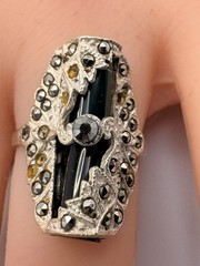 Vintage Onyx Jade Marcasite Art Deco Sterling Silver Ring Size 5.25 5.52 Grams