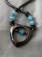 16” Hematite Necklace Heart Pendant 1.25” H Aqua Blue Cat’s Eye Beads Celestial
